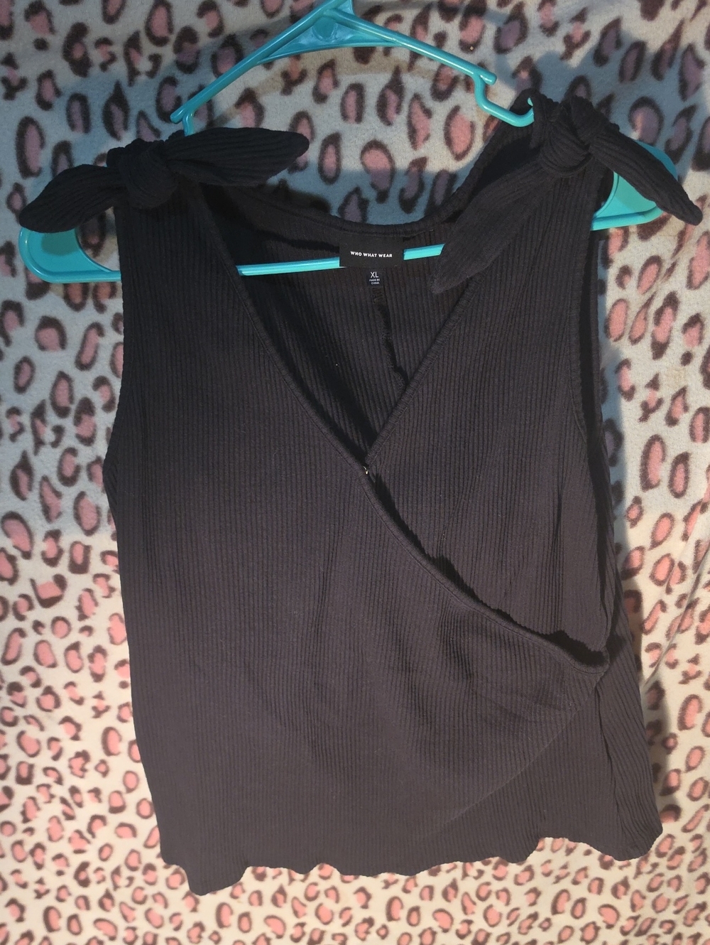 Who What Wear Black Ribbed Tie-Shoulder Wrap Cami